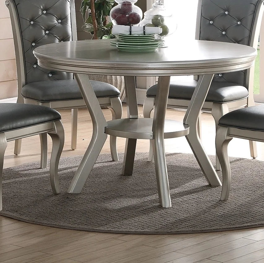 Traditional Dining Round Table Silver Hue 5pc w Shelf 4x Side Chairs Tufted Back