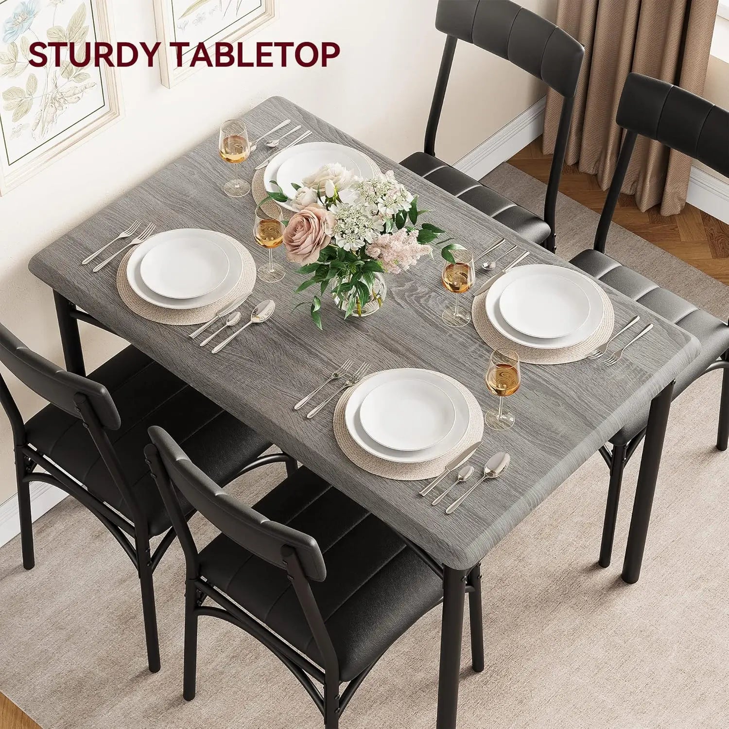 Modern Dining Table Set with 4 Upholstered Chairs, 5 Piece Dining Room Table Set