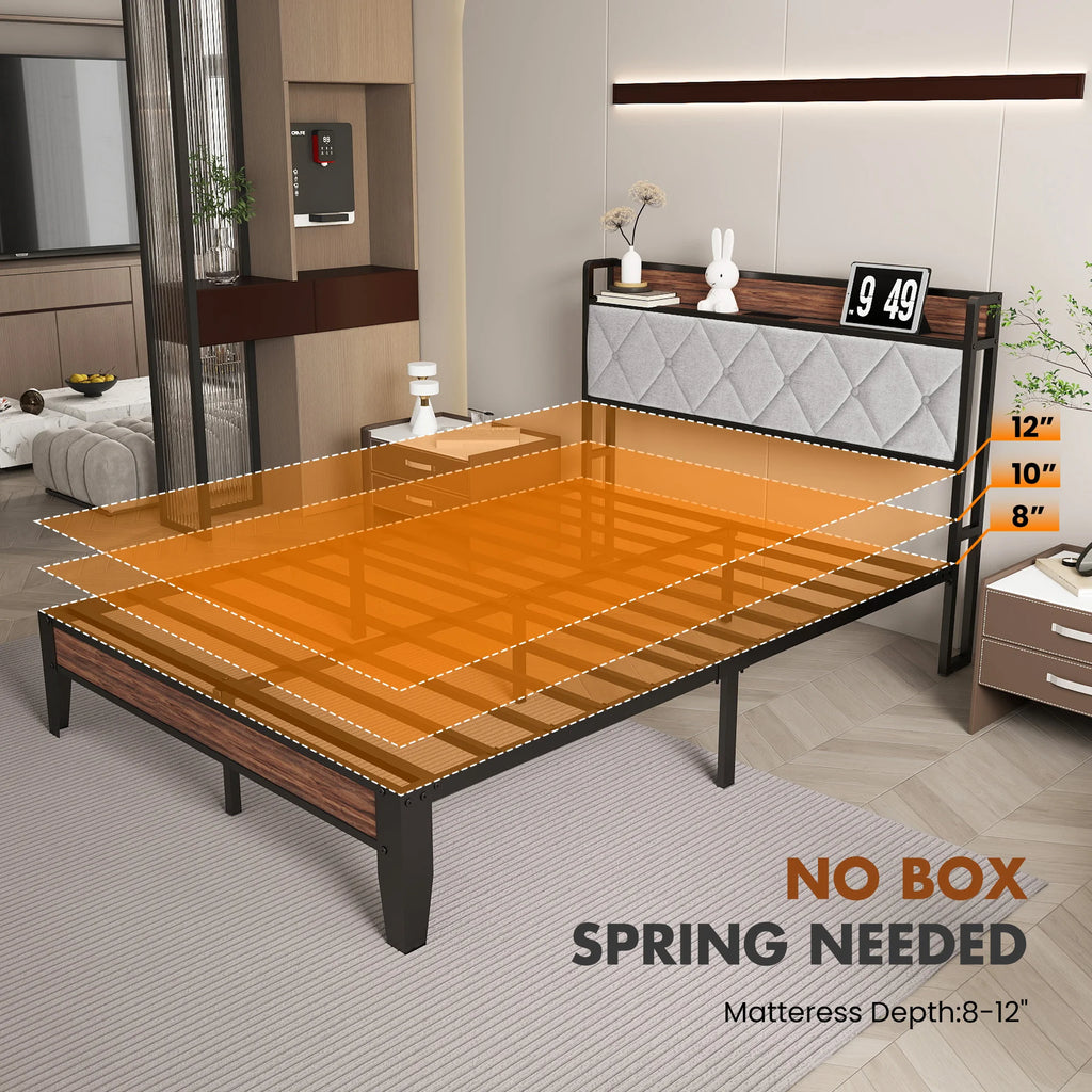 King Size Soft Pack Heavy Duty Metal Bed Frame with Headboard Charging Station