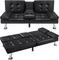 Futon Sofa Bed Modern Faux Leather Couch Bed Convertible Folding Recliner with 2 Cup Holders and Armrest