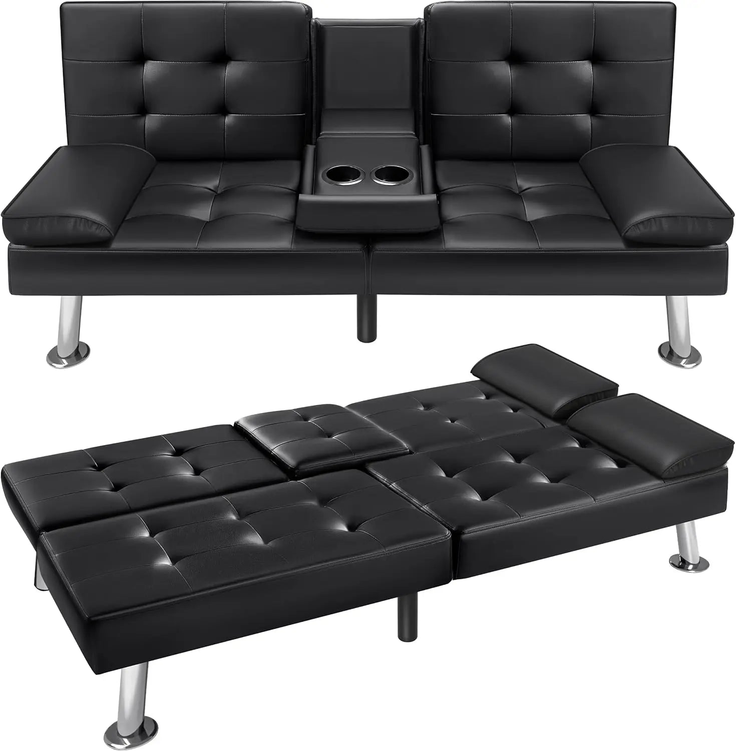 Futon Sofa Bed Modern Faux Leather Couch Bed Convertible Folding Recliner with 2 Cup Holders and Armrest