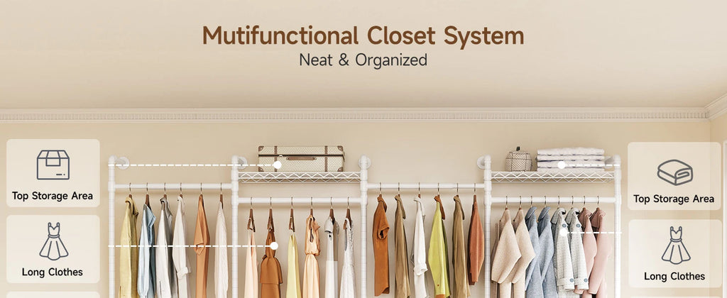 Wall Mounted Industrial Pipe Clothes Rack, Closet Organizer System with Expandable Rods