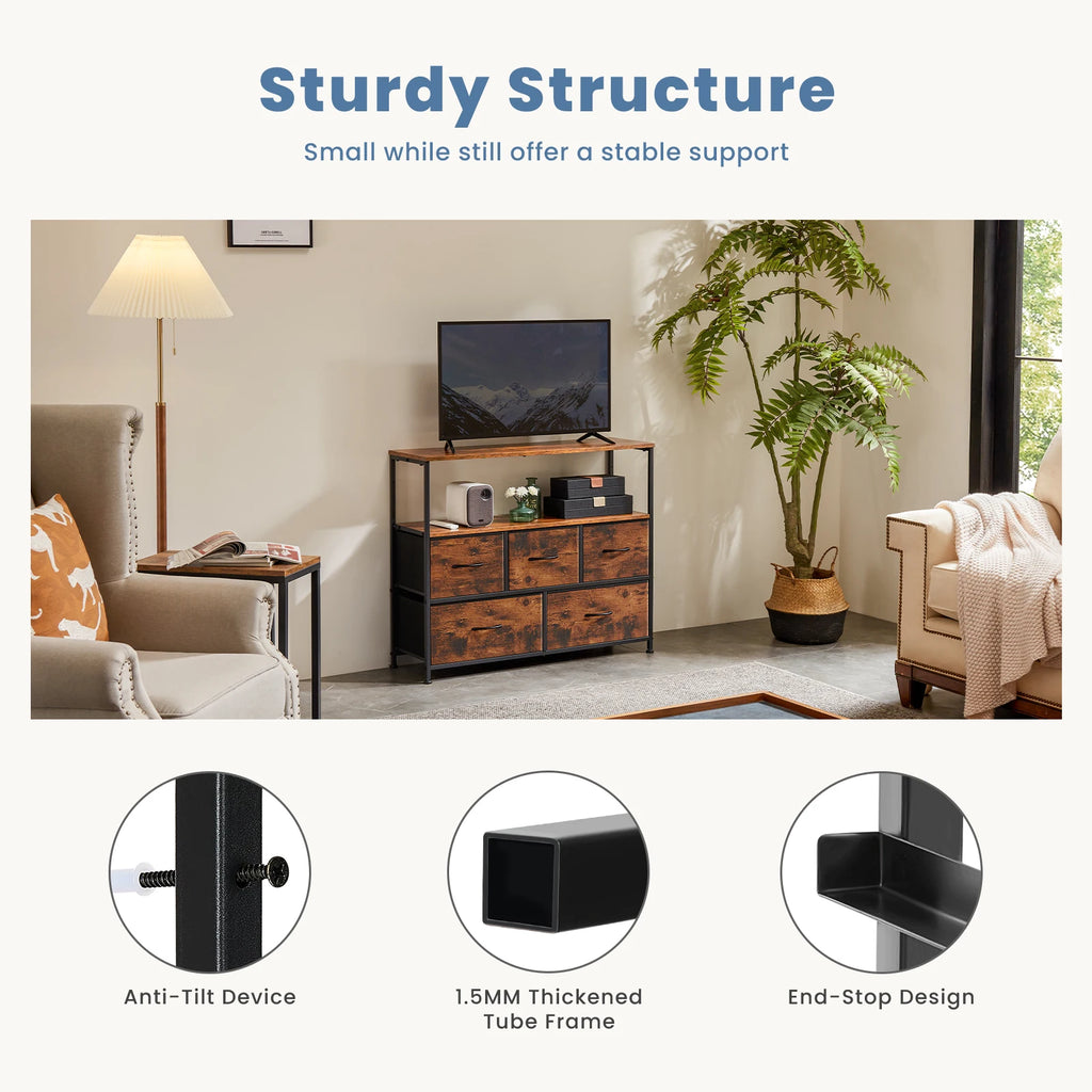 Fireplace TV Stand Dresser With 5 Fabric Drawers Storage Chest