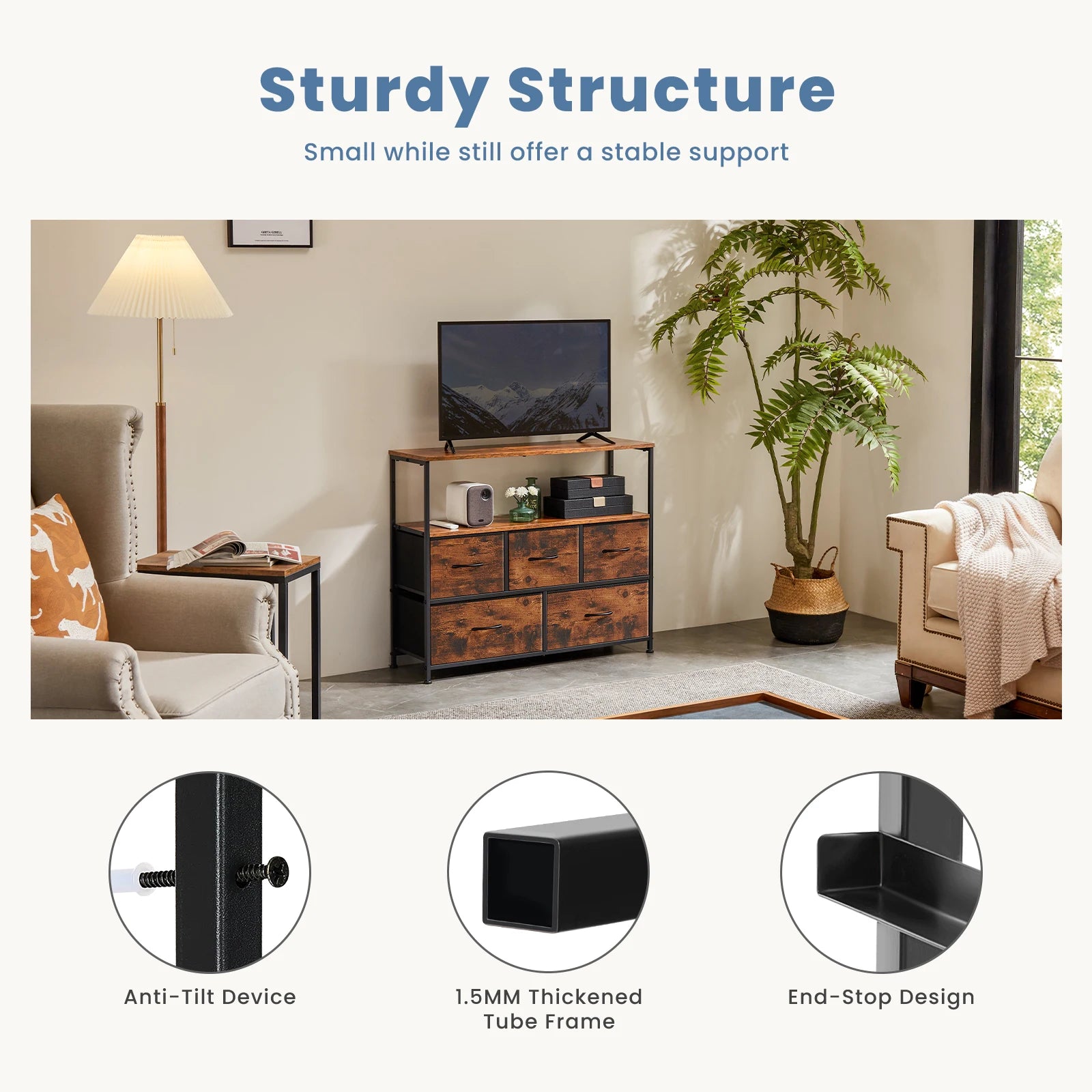 Fireplace TV Stand Dresser With 5 Fabric Drawers Storage Chest
