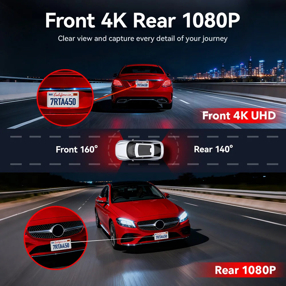4k Dash Cam Front and Rear Drive Recorder GPS & 5G WiFi Touch Screen Night Vision 24H Parking Mode Voice Control