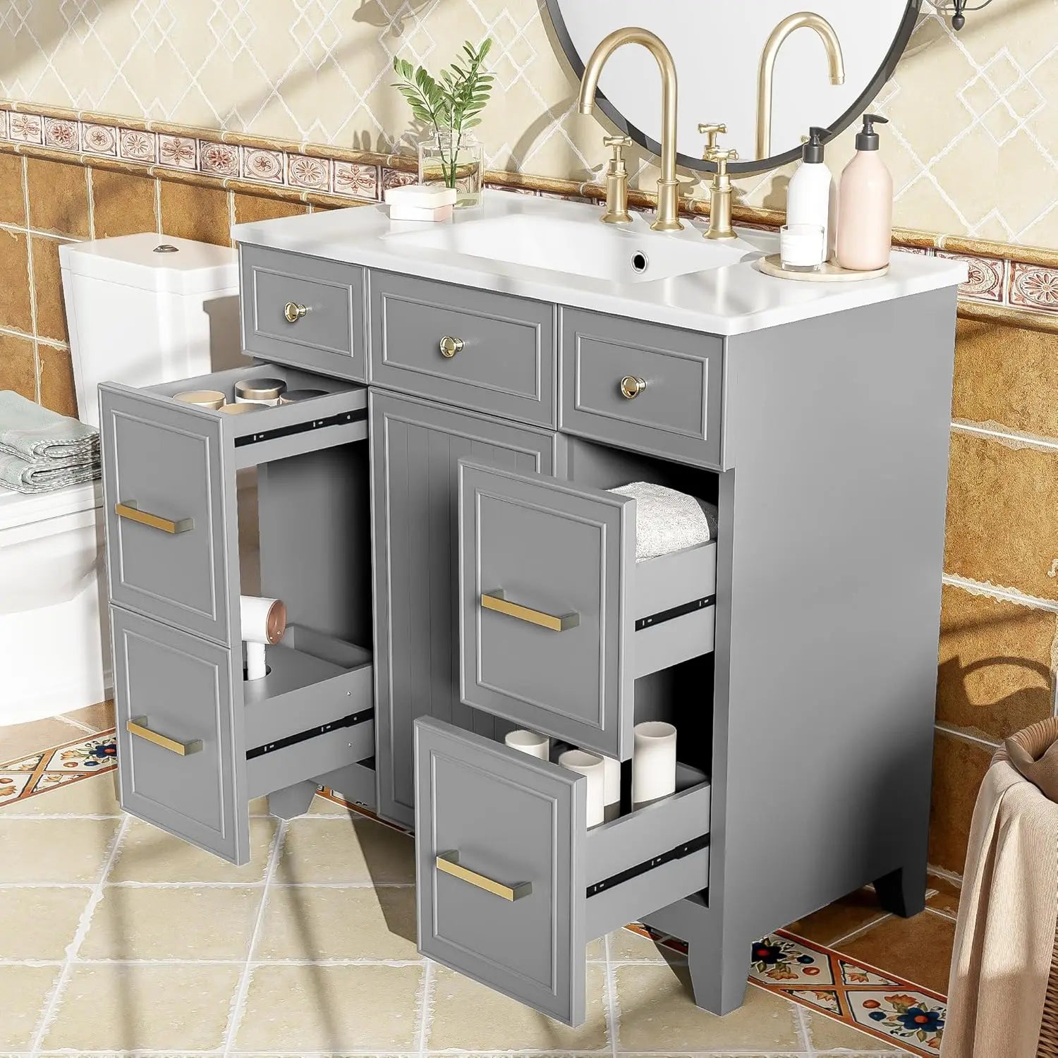 Bathroom Vanity Cabinet Sink Top Combo Single Door 3 Drrawers