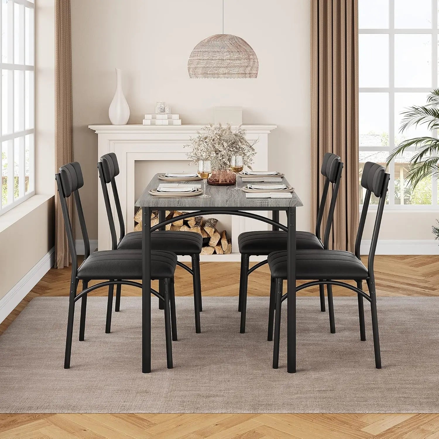 Modern Dining Table Set with 4 Upholstered Chairs, 5 Piece Dining Room Table Set