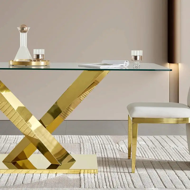 Gold Stainless Steel Dining Table with 70-inch Clear Tempered Glass Top