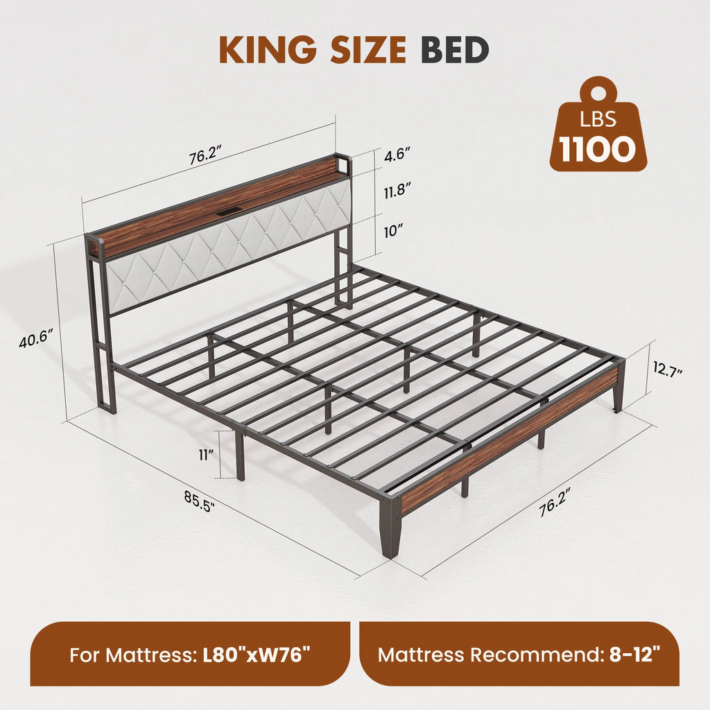 King Size Soft Pack Heavy Duty Metal Bed Frame with Headboard Charging Station