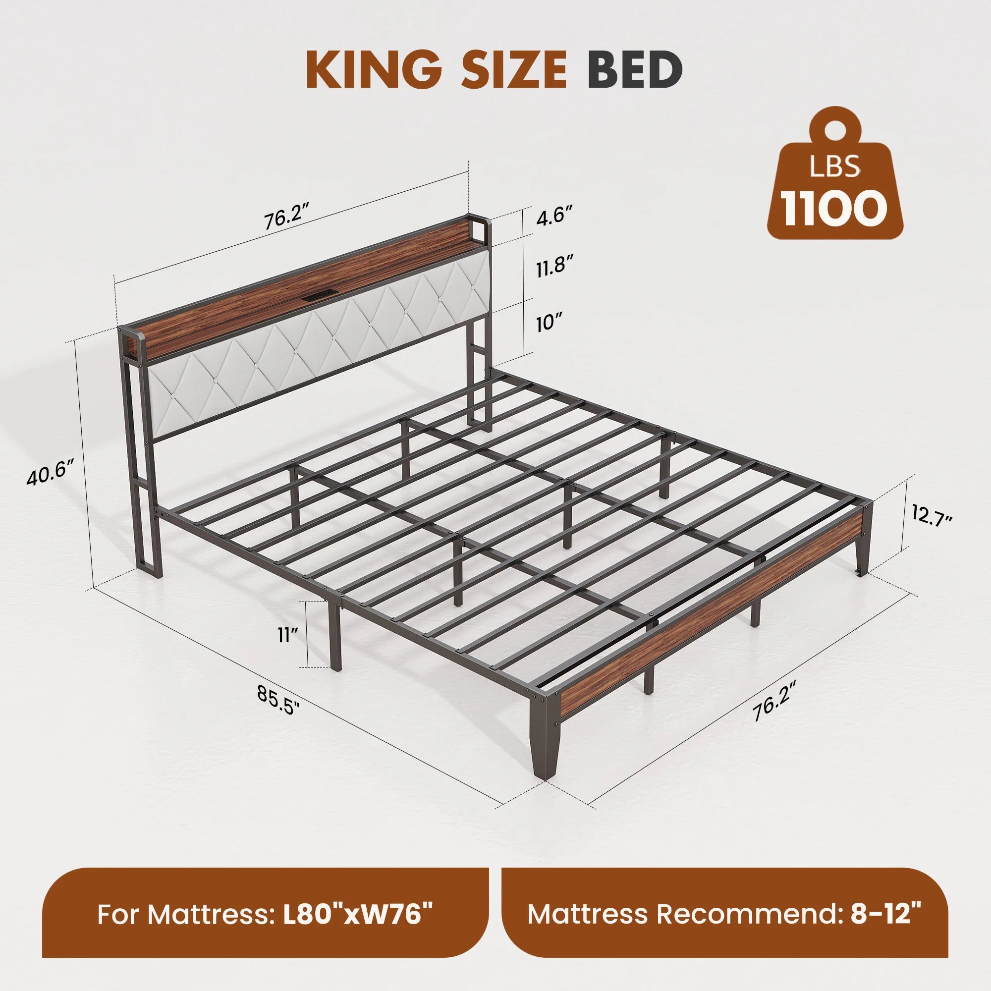 King Size Soft Pack Heavy Duty Metal Bed Frame with Headboard Charging Station