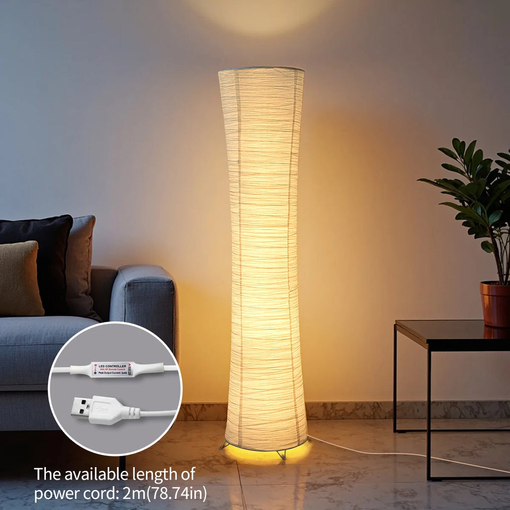 Paper floor lamp, paper and chrome-plated standing lamp, LED light strip