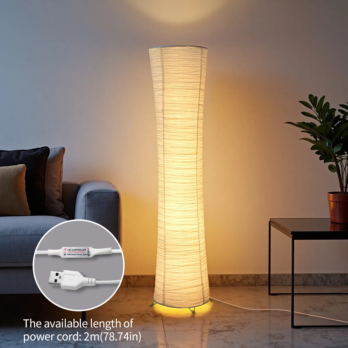 Paper floor lamp, paper and chrome-plated standing lamp, LED light strip