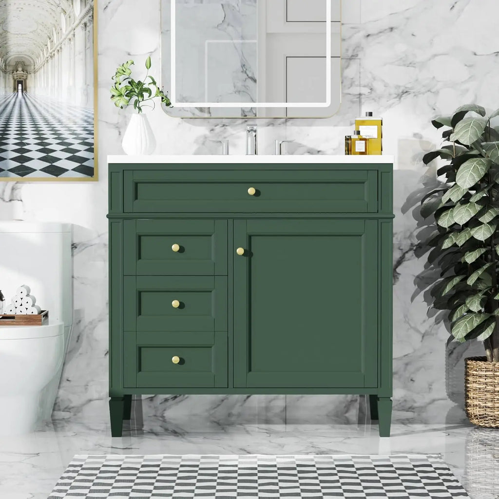 Solid Wood Bathroom Vanity with Soft-Close Doors & Tip-Out Drawer Undermount Sink Cabinet Green