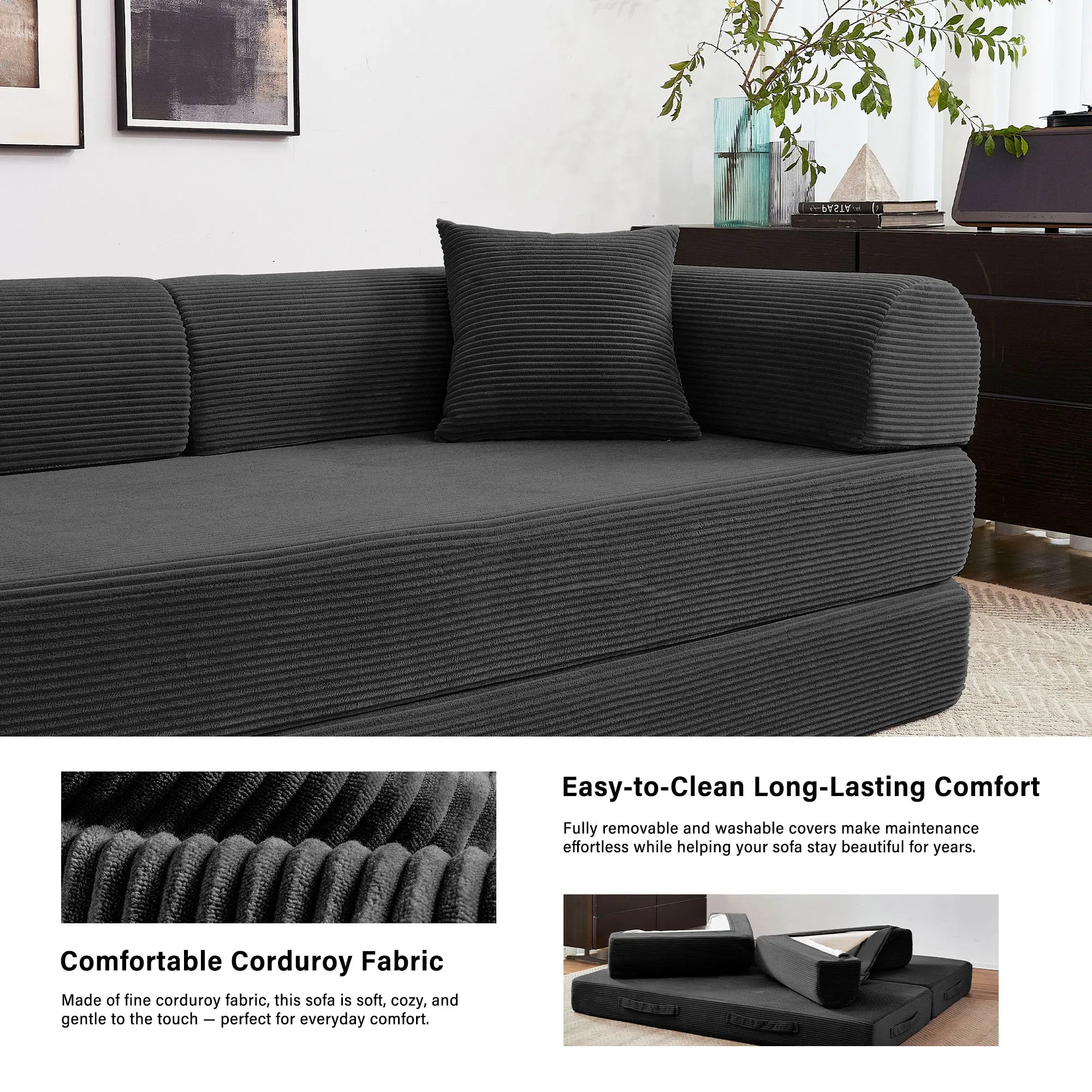 Foldable Convertible Futon Sofa Bed Floor Lounge with L-Shaped Armrest