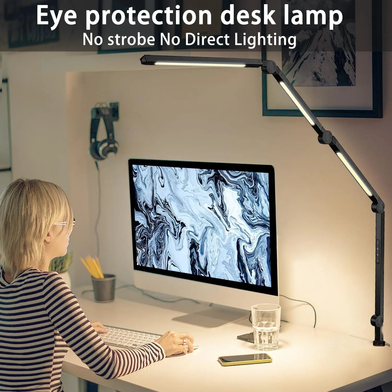 LED Desk Lamp with Clamp Flexible 4 sections Swing Arm Three light desk light, 4 Color Modes & 5 Brightness