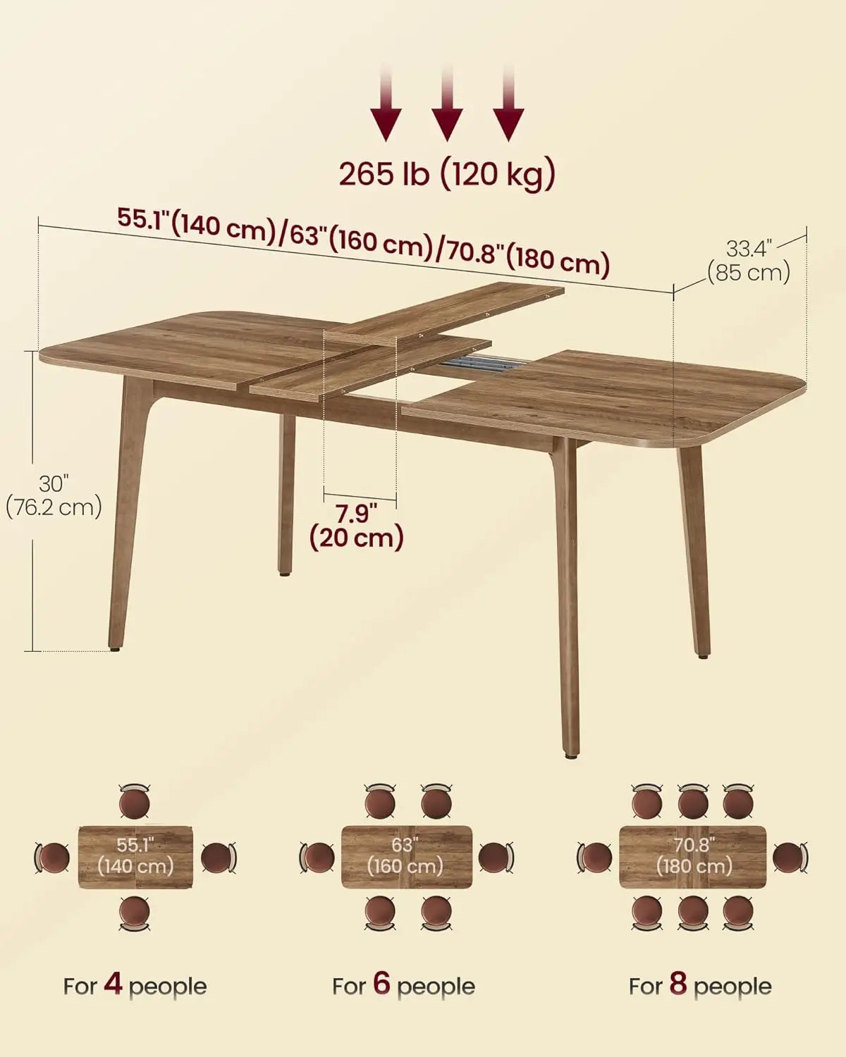 Extendable Dining Table with Tapered Legs and Curved Design, Honey Brown Finish