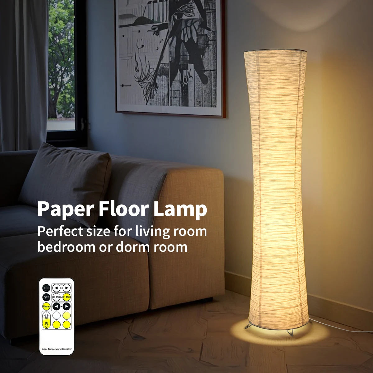 Paper floor lamp, paper and chrome-plated standing lamp, LED light strip