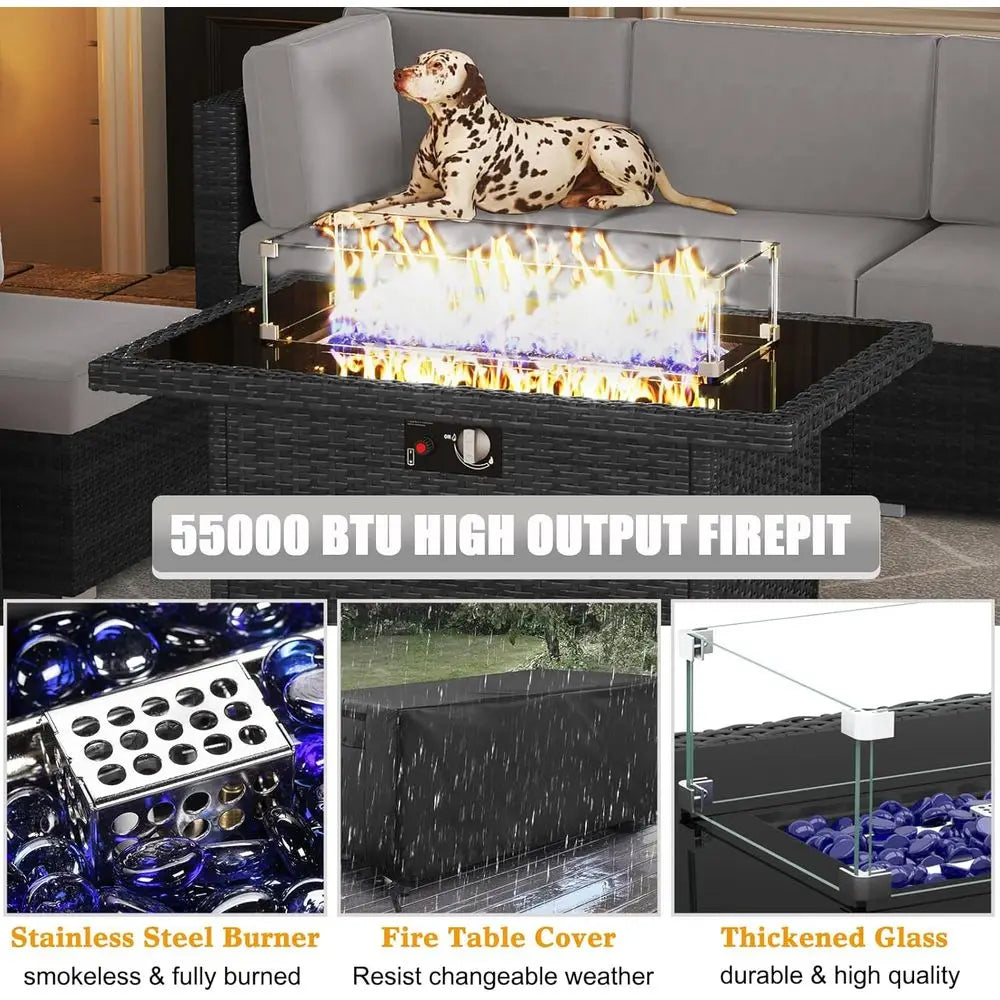 Outdoor Patio Furniture Set with Fire Pit, Wicker Rattan Sectional Sofa and Coffee Table