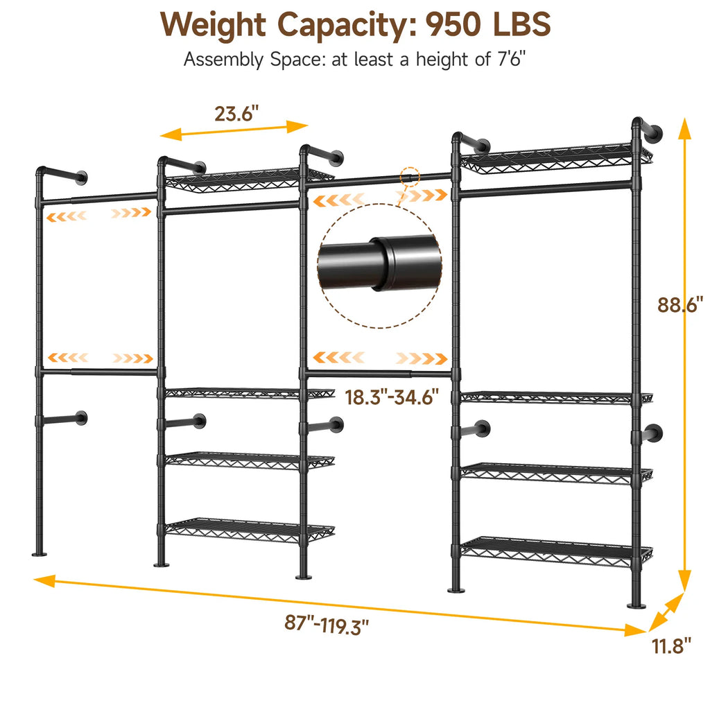 Wall Mounted Industrial Pipe Clothes Rack, Closet Organizer System with Expandable Rods