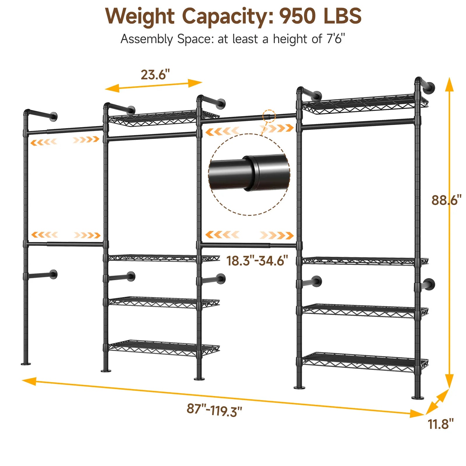 Wall Mounted Industrial Pipe Clothes Rack, Closet Organizer System with Expandable Rods