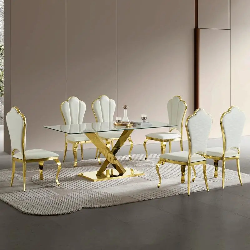 Gold Stainless Steel Dining Table with 70-inch Clear Tempered Glass Top
