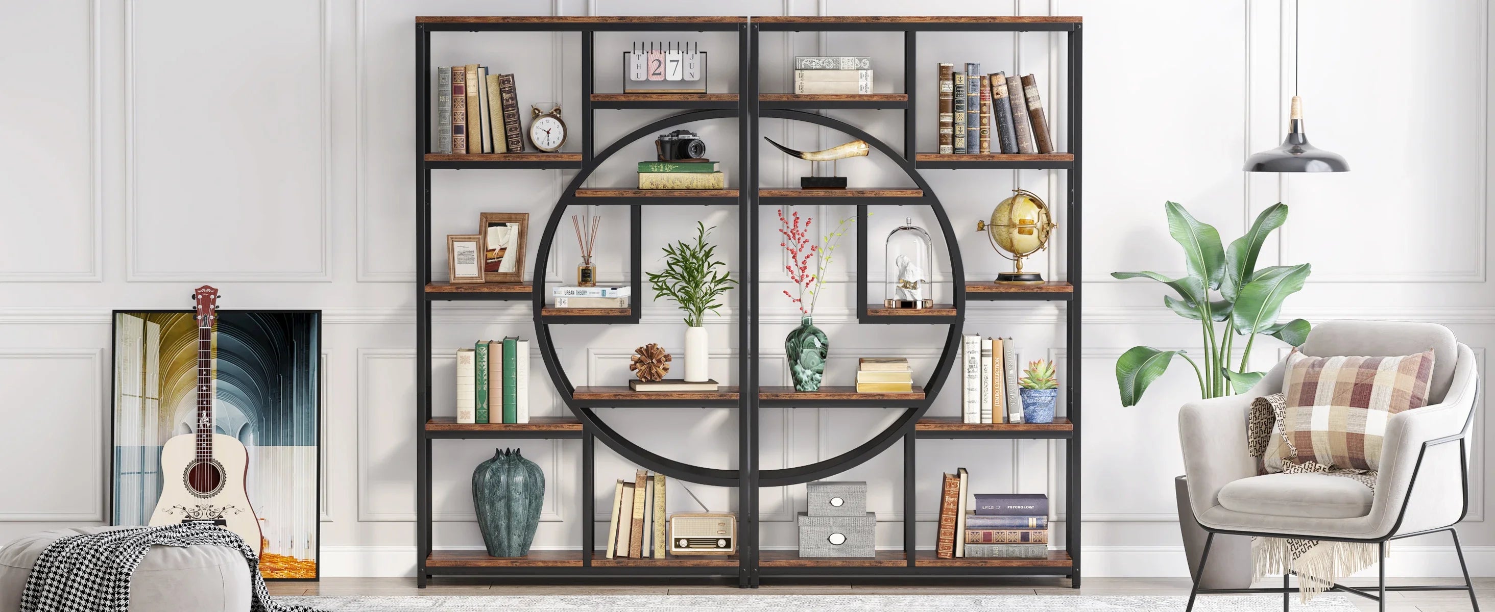Bookshelf Industrial 5 Tier Etagere Bookcase, Freestanding Tall Bookshelves Display Shelf Organizer