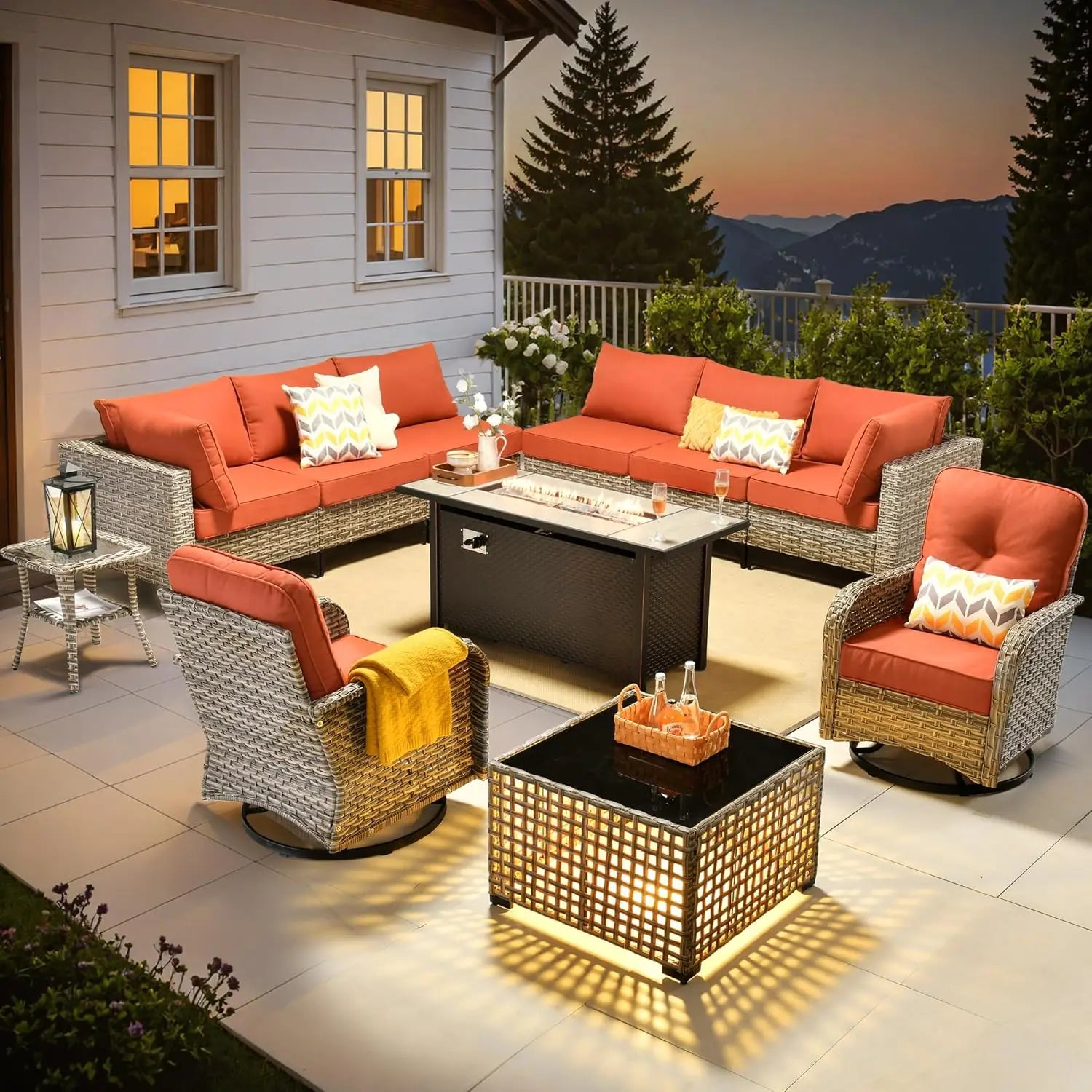 Outdoor Sectional Patio Furniture with Fire Pit Table and Swivel Rocking Chairs