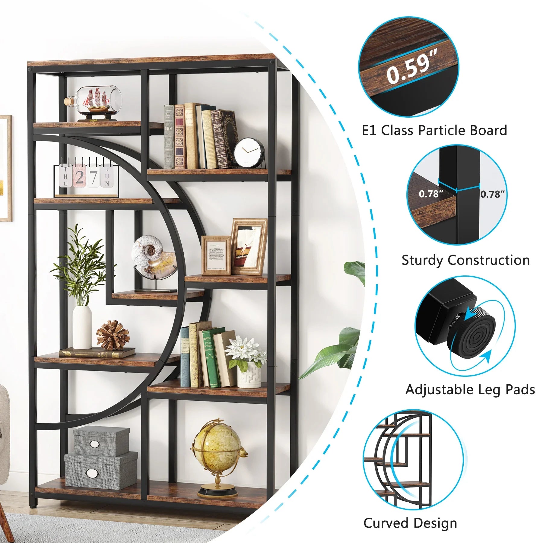 Bookshelf Industrial 5 Tier Etagere Bookcase, Freestanding Tall Bookshelves Display Shelf Organizer