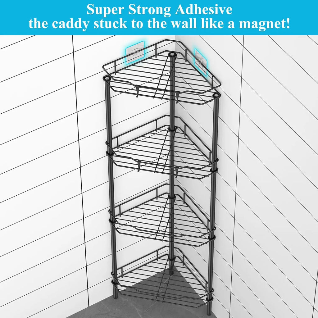 4-Tier Corner Shower Caddy with Hooks, Black Bathroom Shelf Organizer Stand Rack