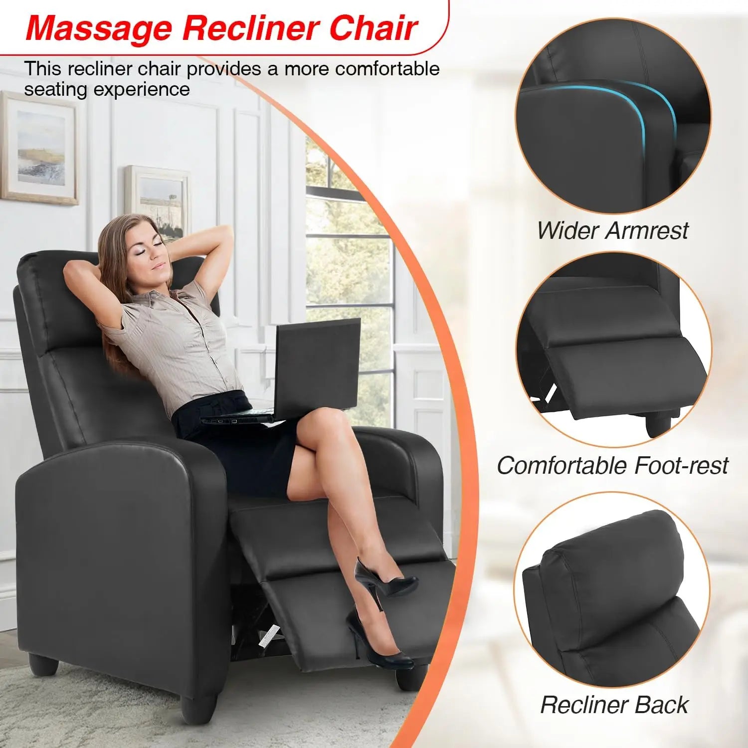 Massage Recliner Sofa with Lumbar Support and Adjustable Backrest