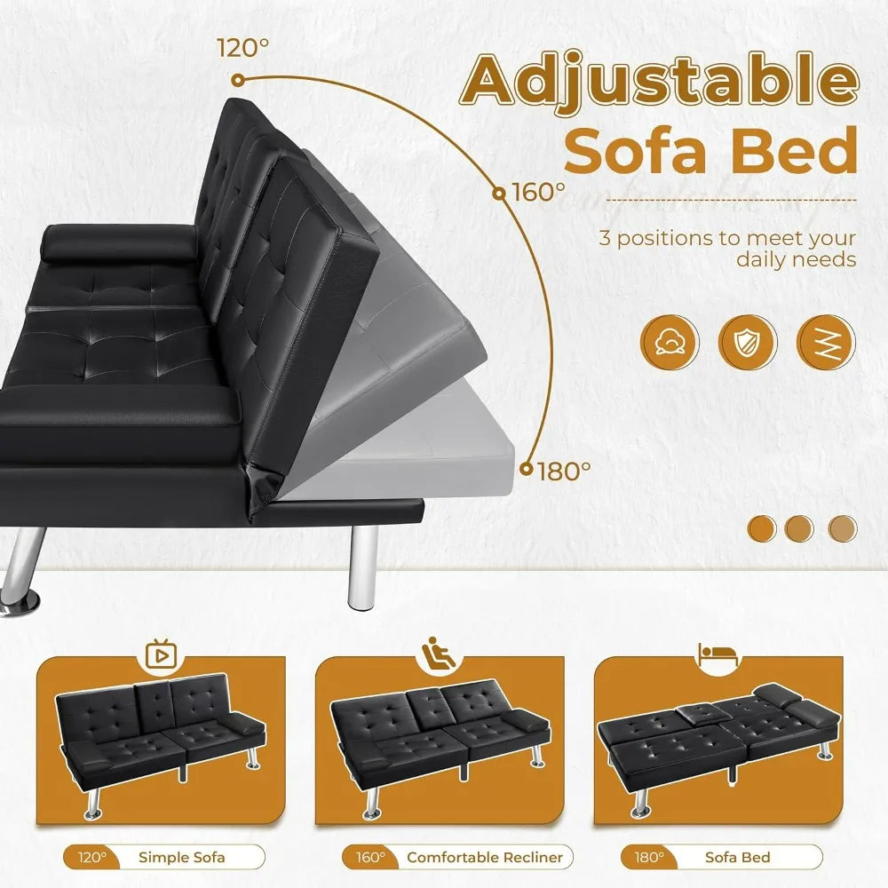 Futon Sofa Bed Modern Faux Leather Couch Bed Convertible Folding Recliner with 2 Cup Holders and Armrest