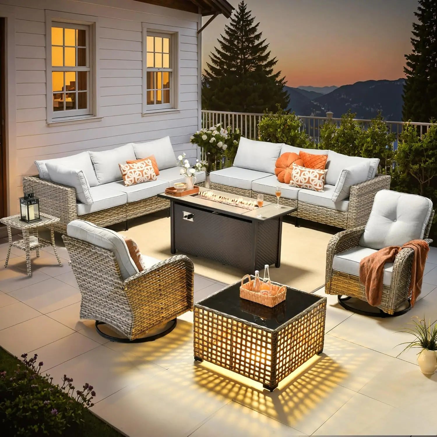 Outdoor Sectional Patio Furniture with Fire Pit Table and Swivel Rocking Chairs
