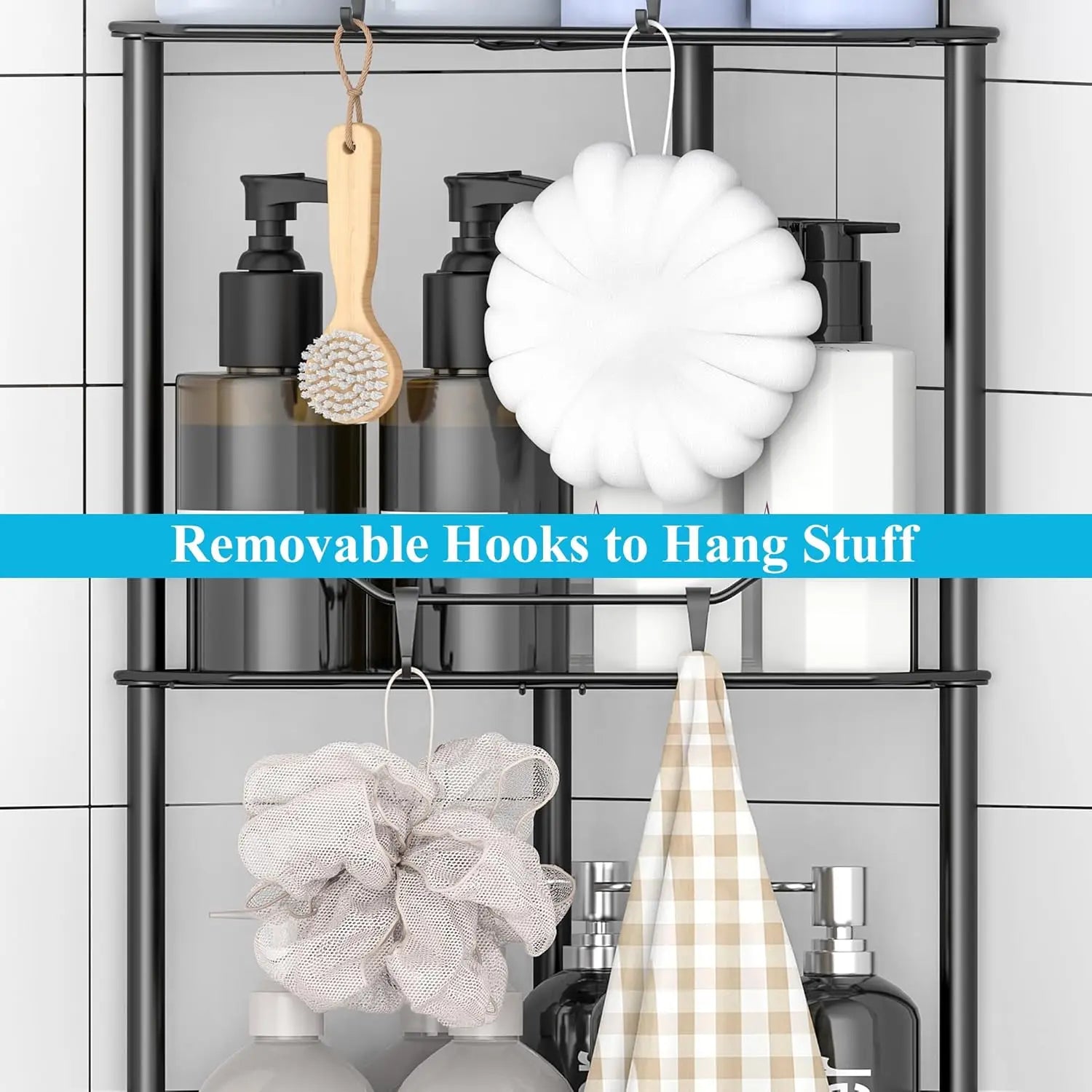4-Tier Corner Shower Caddy with Hooks, Black Bathroom Shelf Organizer Stand Rack