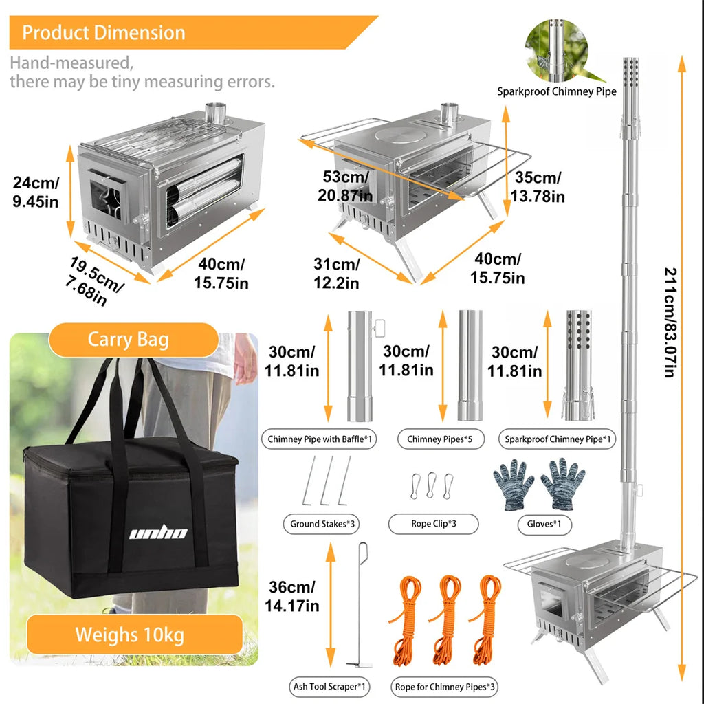 Hot Tent Stove, Portable Wood Stove with 6 Stainless Chimney Pipes for Outdoor Heating & Cooking