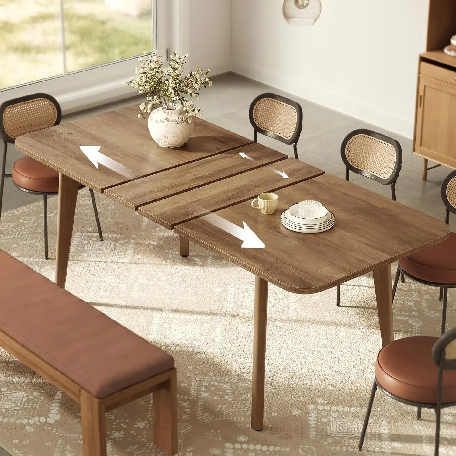 Extendable Dining Table with Tapered Legs and Curved Design, Honey Brown Finish