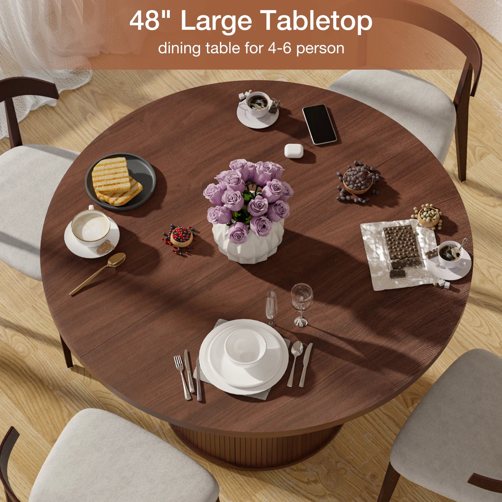 48'' Round Dining Table with 2-Layer Shelf and Wood Slide Door