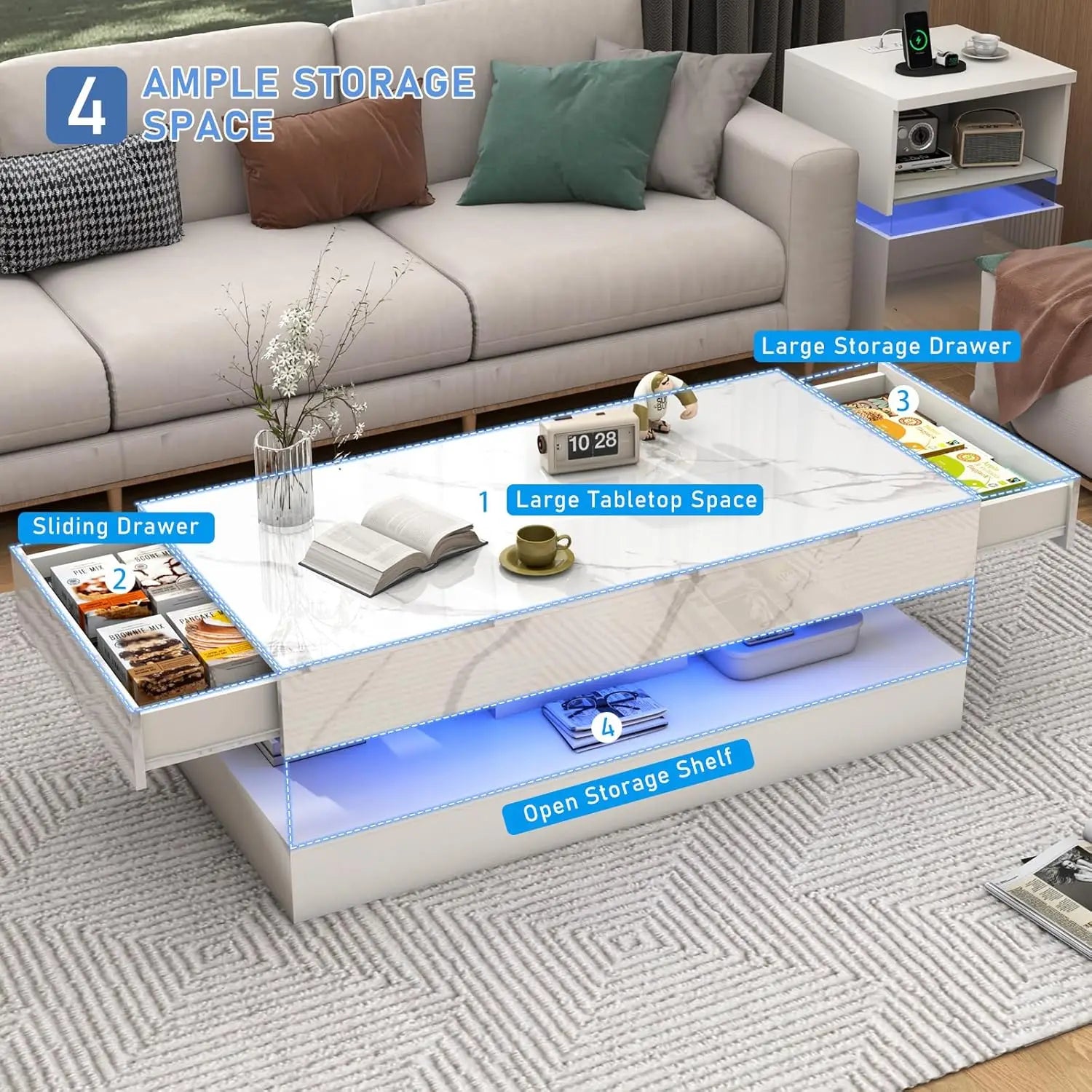 Modern Stylish Coffee Table with LED lights, Double-Layer Design with 2 Storage Drawers