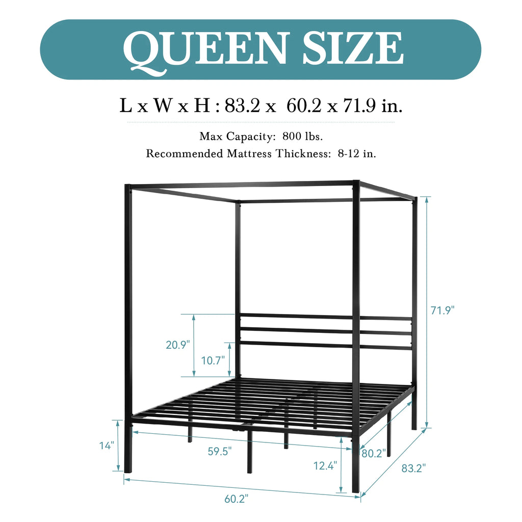 Canopy Bed Frame, 3-Metal Crossbar, No Box Spring Needed, Easy Assembly