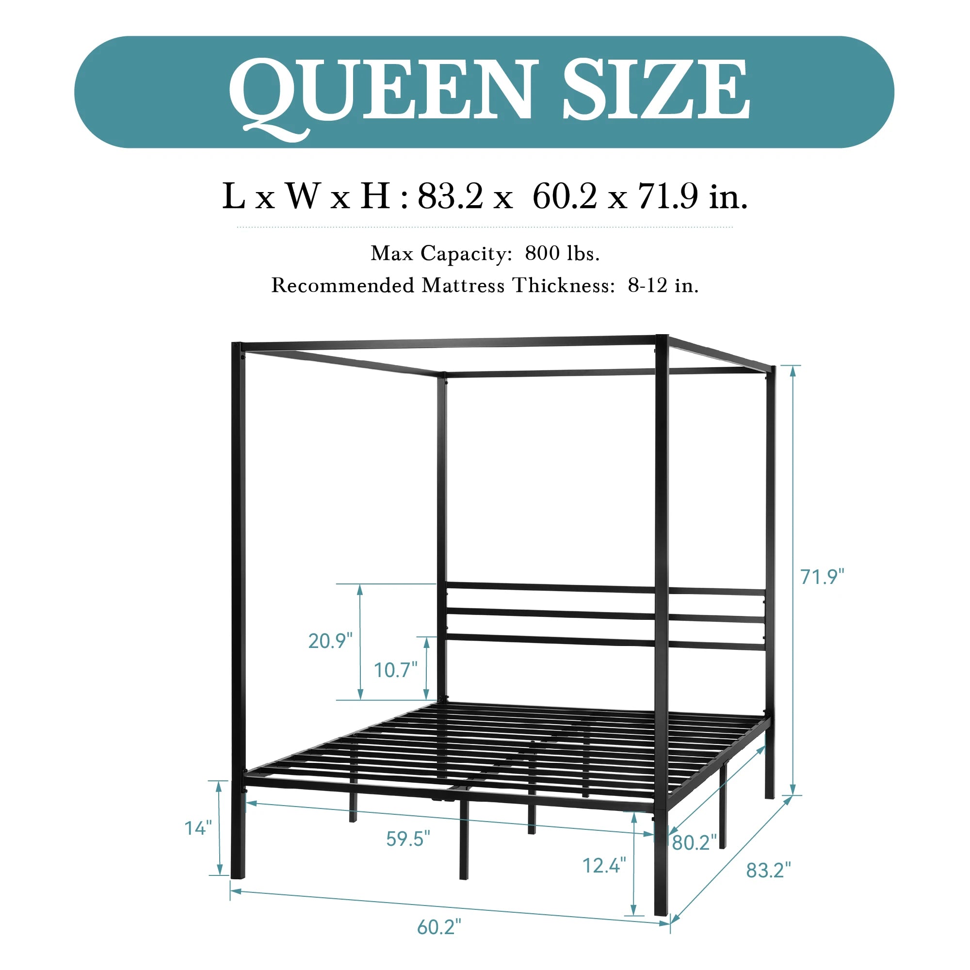 Canopy Bed Frame, 3-Metal Crossbar, No Box Spring Needed, Easy Assembly