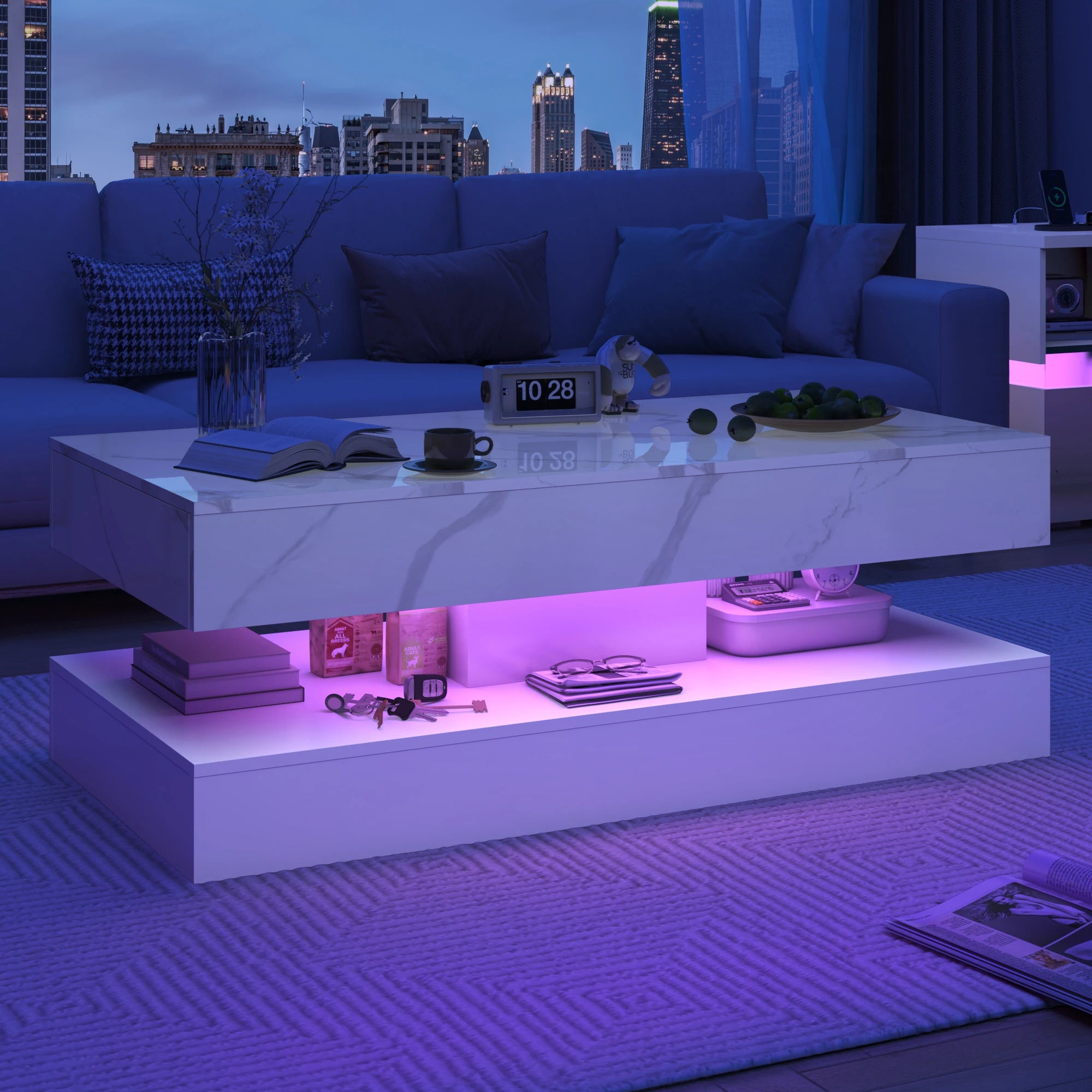 Modern Stylish Coffee Table with LED lights, Double-Layer Design with 2 Storage Drawers