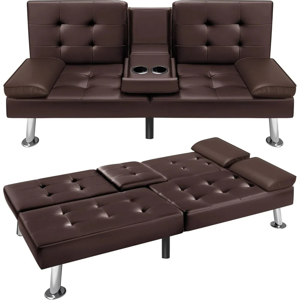 Futon Sofa Bed Modern Faux Leather Couch Bed Convertible Folding Recliner with 2 Cup Holders and Armrest