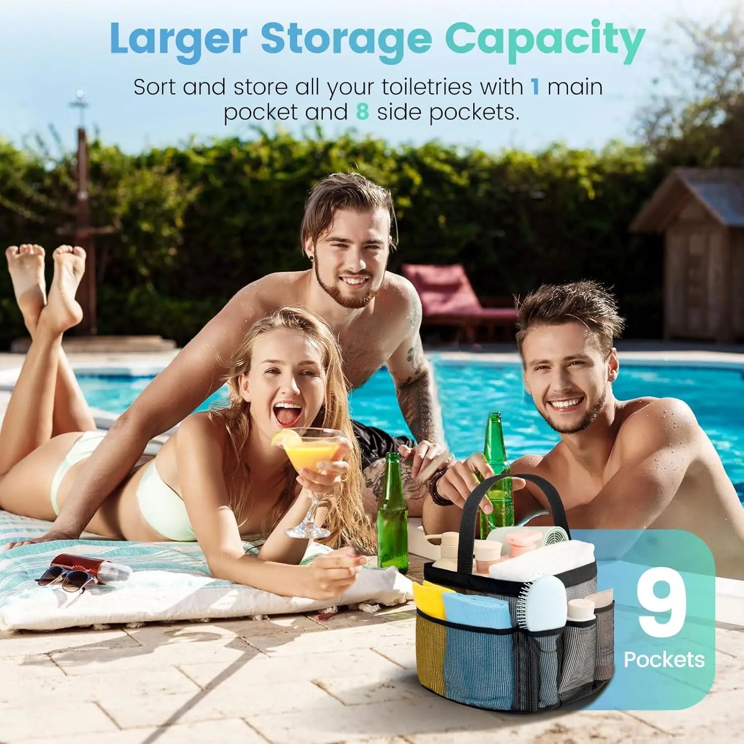 Mesh Shower Caddy with 9 Pockets, Large-Capacity Quick-Dry Toiletry Bag