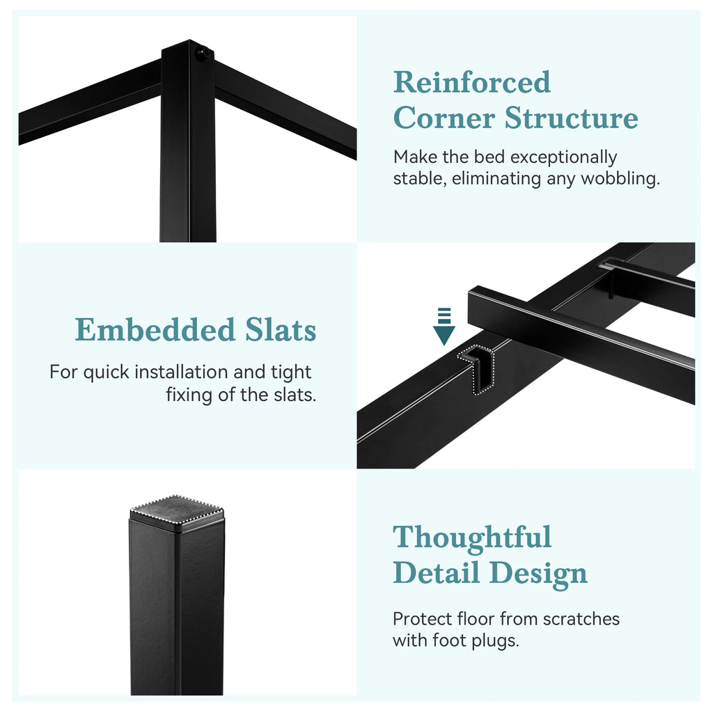 Canopy Bed Frame, 3-Metal Crossbar, No Box Spring Needed, Easy Assembly