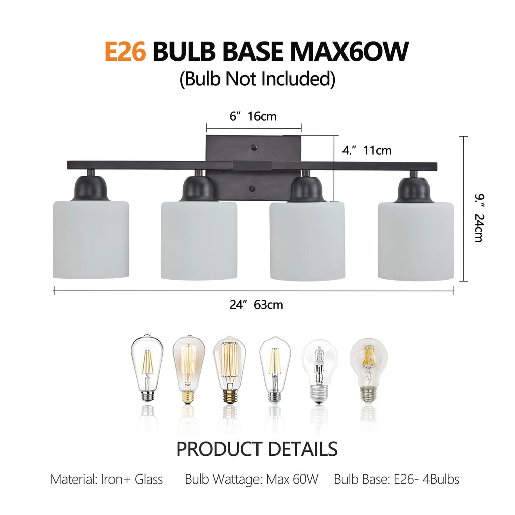 4-Light Fixtures Over Mirror, Modern Matte Black Vanity Lights with White Frosted Glass Shade