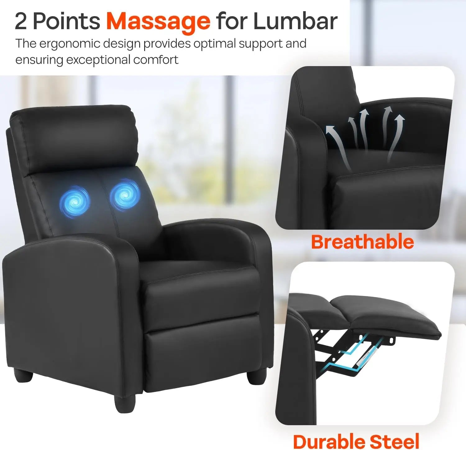 Massage Recliner Sofa with Lumbar Support and Adjustable Backrest
