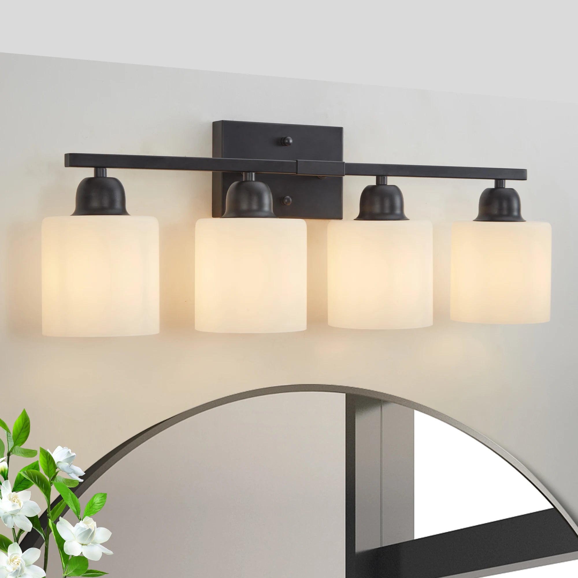 4-Light Fixtures Over Mirror, Modern Matte Black Vanity Lights with White Frosted Glass Shade