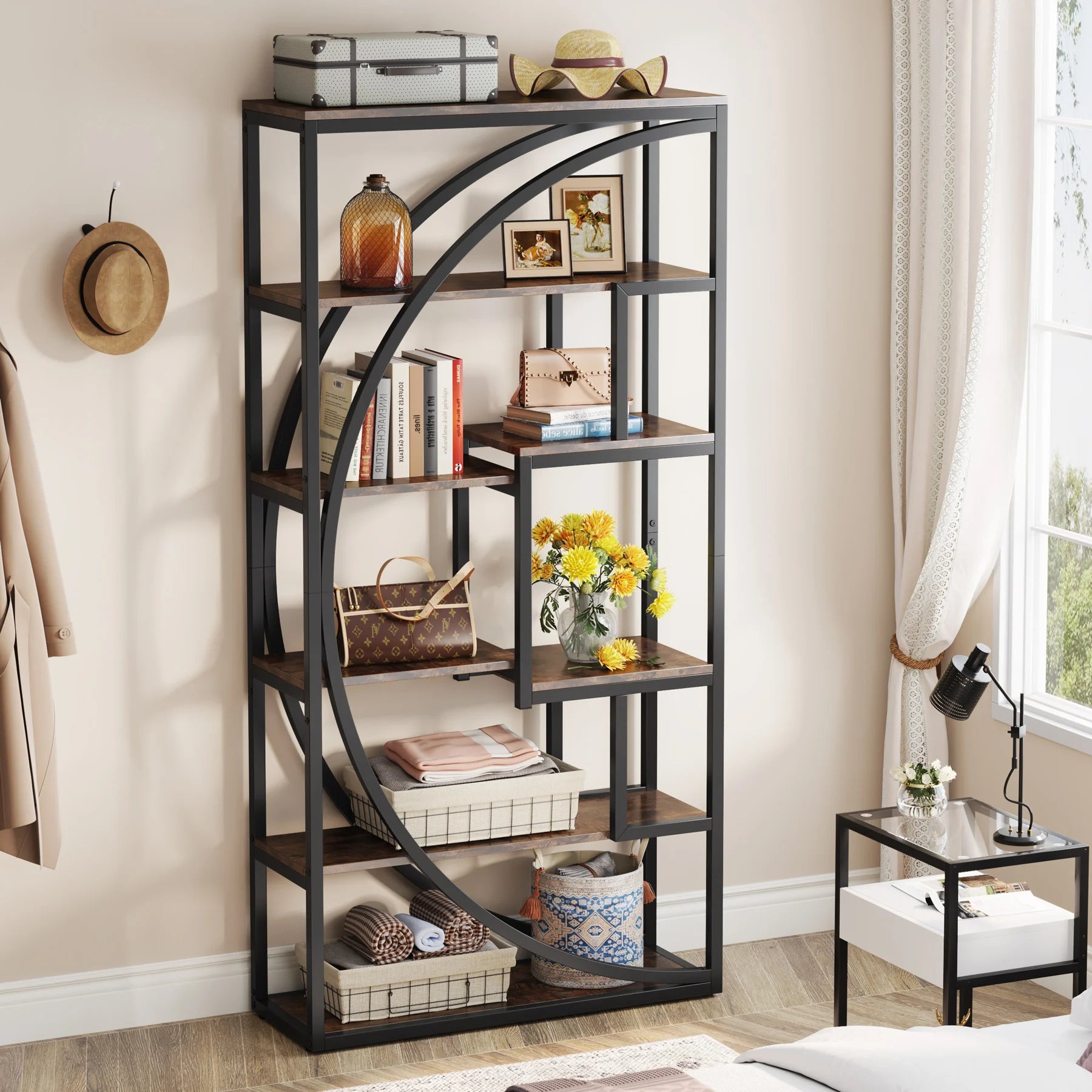Bookshelf Industrial 5 Tier Etagere Bookcase, Freestanding Tall Bookshelves Display Shelf Organizer