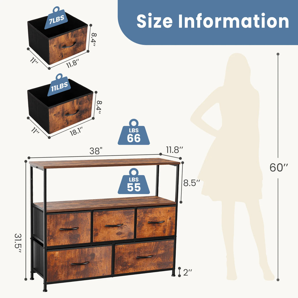 Fireplace TV Stand Dresser With 5 Fabric Drawers Storage Chest