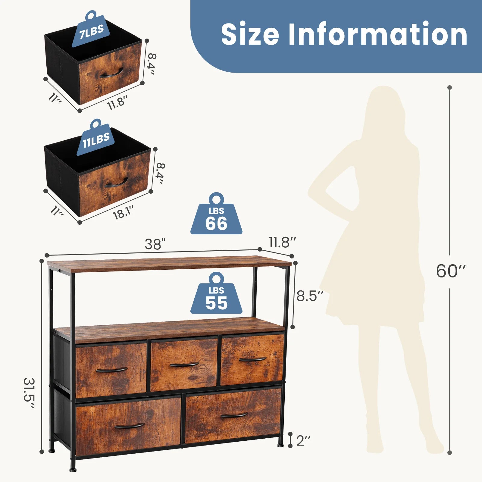 Fireplace TV Stand Dresser With 5 Fabric Drawers Storage Chest