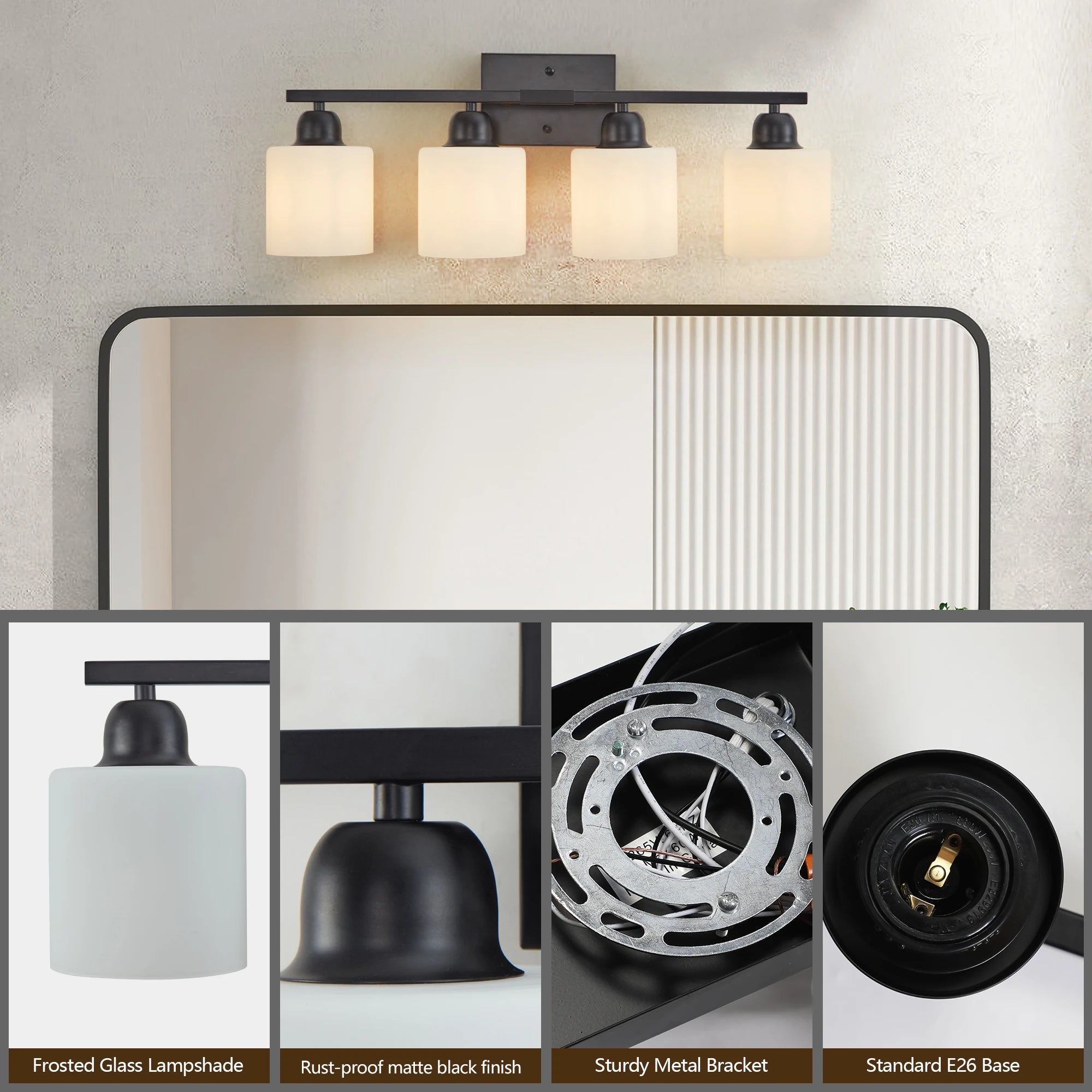 4-Light Fixtures Over Mirror, Modern Matte Black Vanity Lights with White Frosted Glass Shade